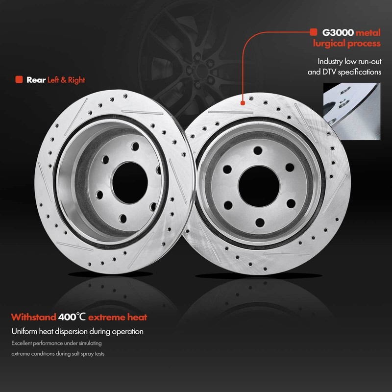 Drilled & Slotted Brake Rotors & Brake Pads for Chevy Silverado GMC Sierra Rear gallery