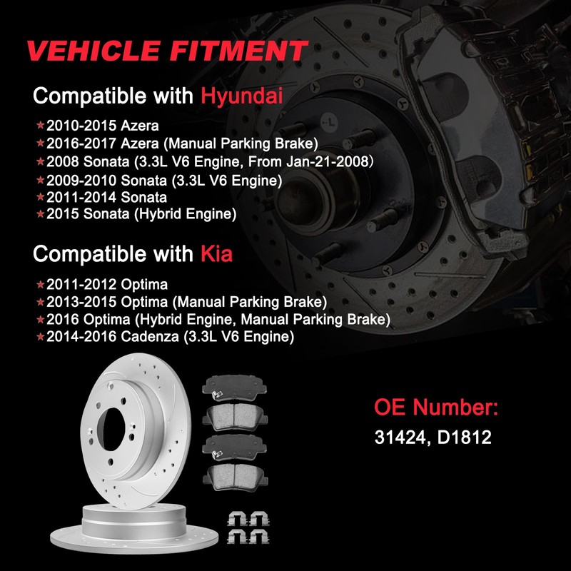 Rear Disc Rotors & Ceramic Brake Pads for Hyundai Sonata 12-17 Optima Kia Optima gallery