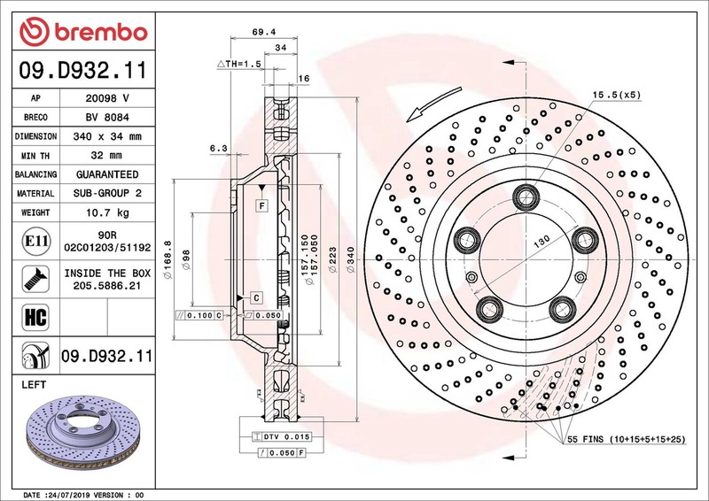 Brake Disc Single Vented Front Left 340mm 09.D932.11 Brembo 99135140301 Quality gallery