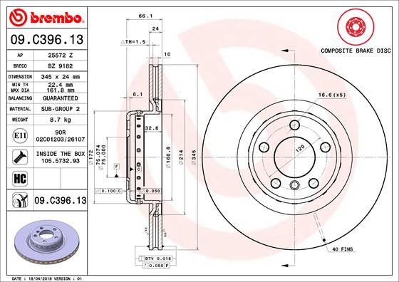 Brembo 09.C396.13 Brake Disc for BMW, BMW (Brilliance)