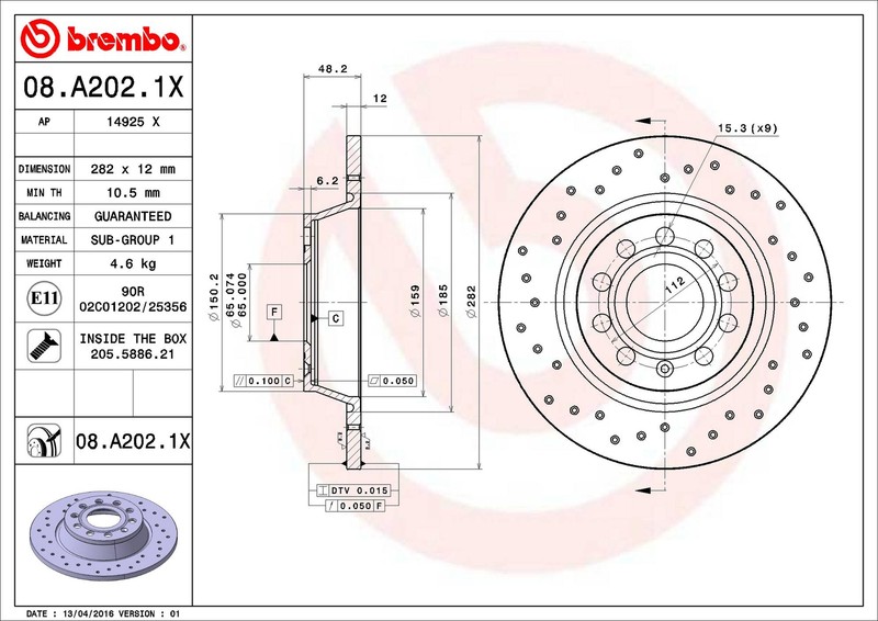 Brembo 08.A202.1X 282mm Rear Disc Brake Rotor for 2017-2018 VW Tiguan Limited gallery