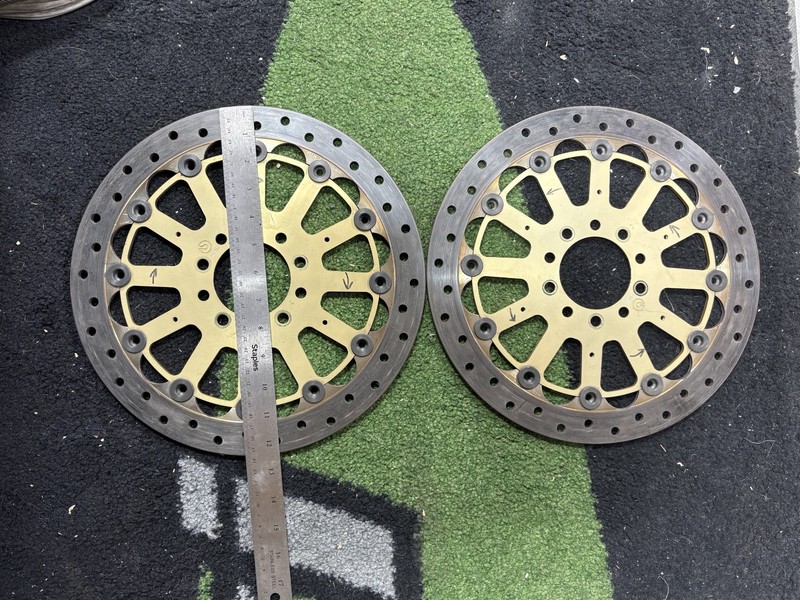 2 BREMBO 12.5 INCH RACING ROTORS, WITH GOLD ANODIZED FLAT CARRIERS