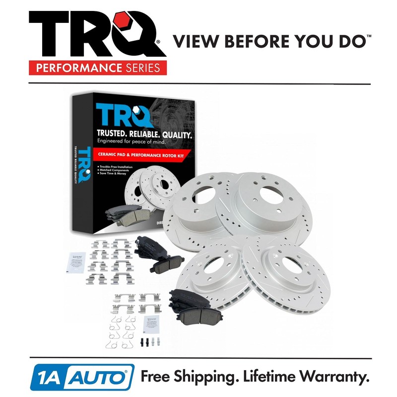 TRQ Front & Rear Posi Ceramic Brake Pad & Performance Drilled Slotted Rotors