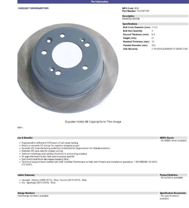 2x Carquest YH274775P 09-16 Hyundai Kia ElantraSport Tucson Rear Disc Brake G2-7 gallery