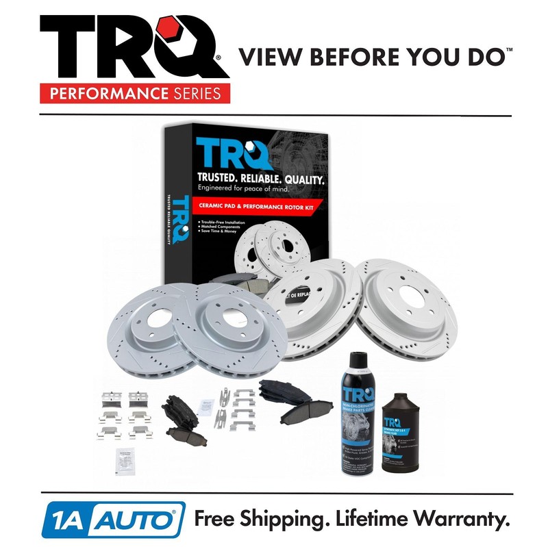 TRQ Performance Brake Rotor & Ceramic Pad Front & Rear Kit w/Chemicals