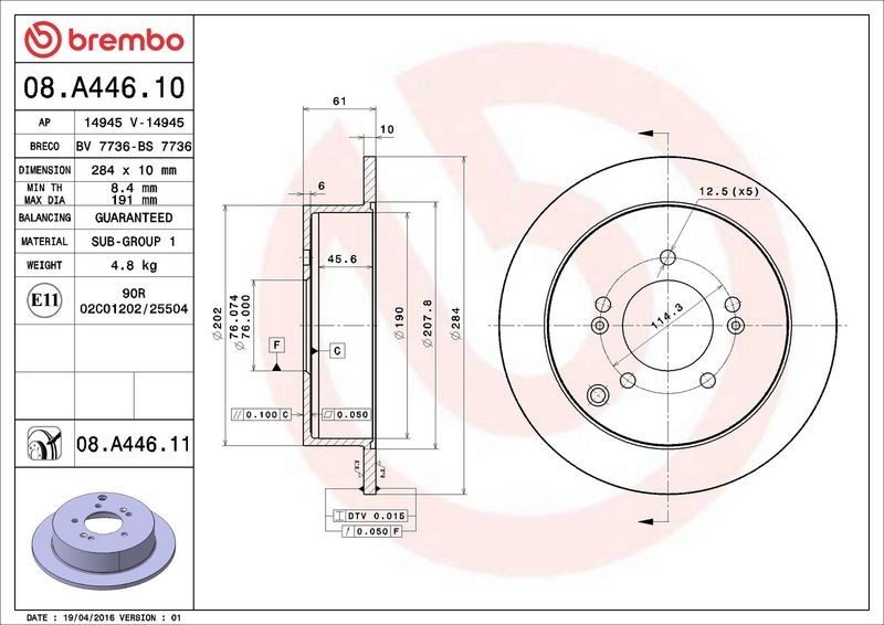 2X Brembo 08.A446.11 Rear Solid Brake Discs Fits Hyundai Kia Boliger Dx7 E70 E80 gallery