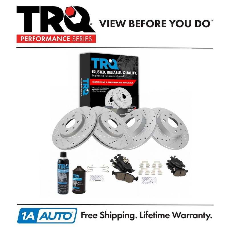TRQ Front & Rear Premium Posi Ceramic Brake Pad & Performance Rotor w/Chemicals