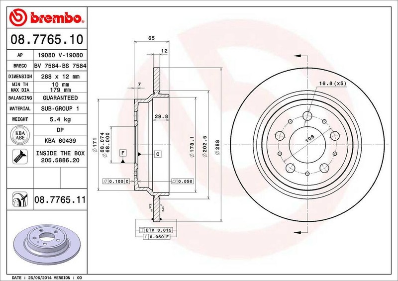 Brembo 08.7765.11 288mm Rear Disc Brake Rotor for 2001-2009 Volvo S60 gallery