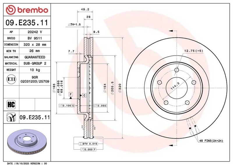Brembo 09.E235.11 Prime UV Coated Vented Brake Rotors - Front Pair gallery