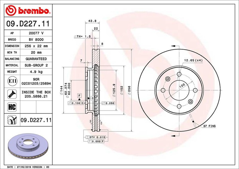 Brembo 09.D227.11 Brake Disc for Hyundai, Hyundai (Beijing), Kia, Kia (DYK) gallery