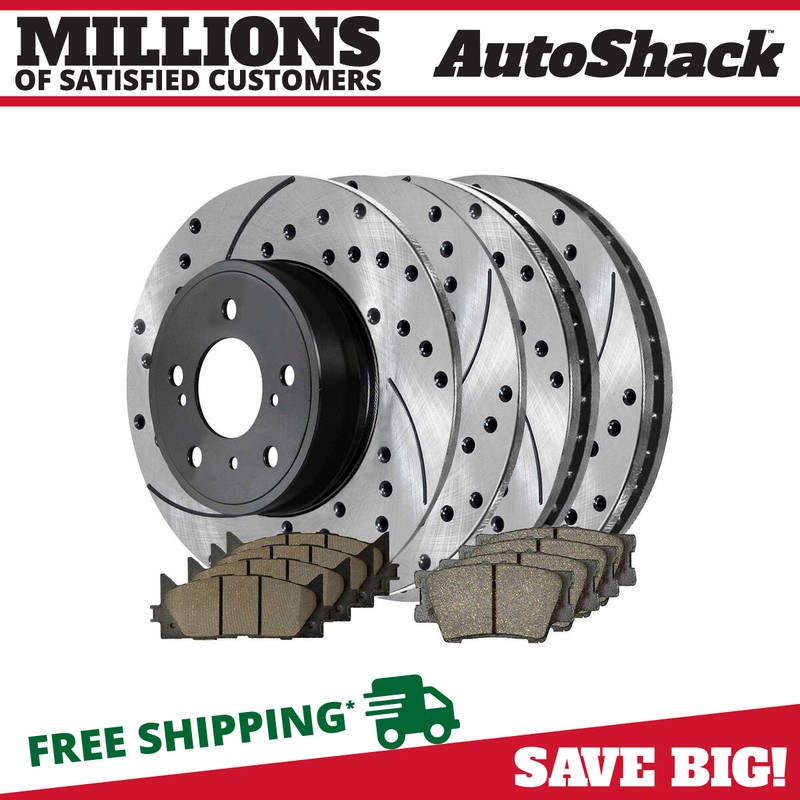 Front & Rear Drilled Slotted Brake Rotors Black & Pads for Toyota Camry 2.4L V6