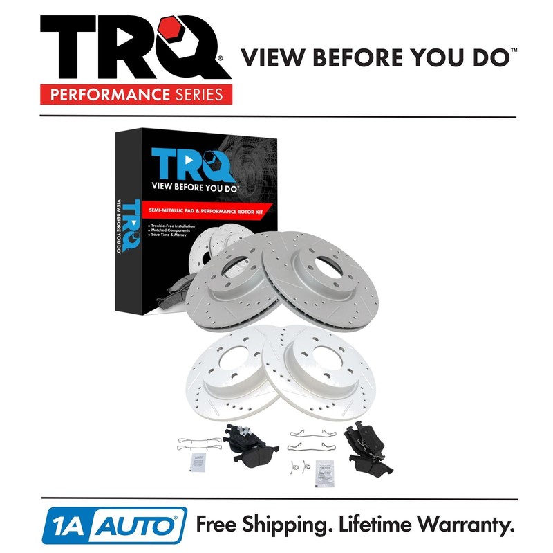 TRQ Metallic Brake Pad & Performance Drilled Slotted Rotor Front Rear Kit