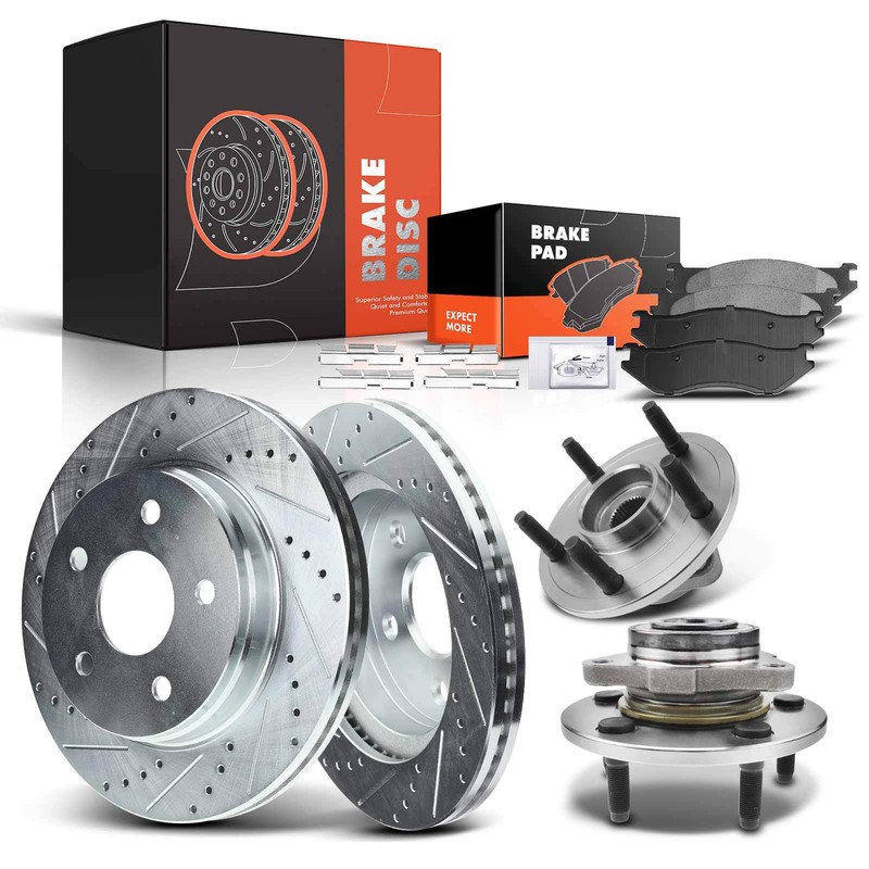 Front Drilled Rotors & Brake Pads + Wheel Hub w/o ABS for Dodge Ram 1500 02-05