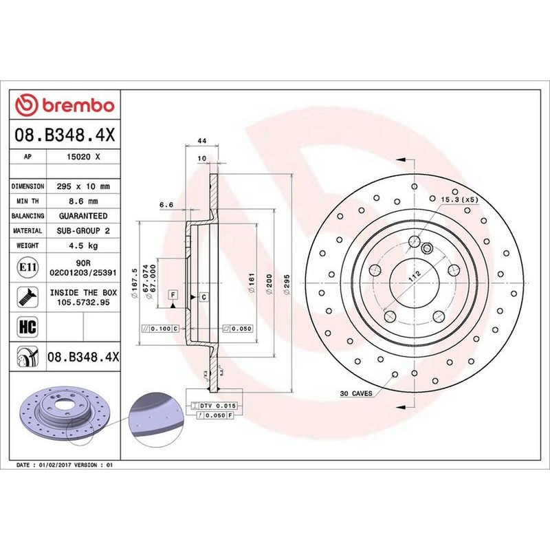 Brembo Xtra Line Solid Brake Disc Pair – Drilled – 08.B348.4X Fits Mercedes
