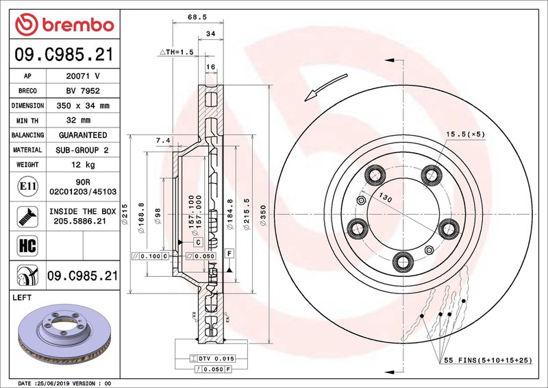 Brake Disc Single Vented fits PORSCHE PANAMERA 971 4.0D 2016 on 350mm Brembo New gallery