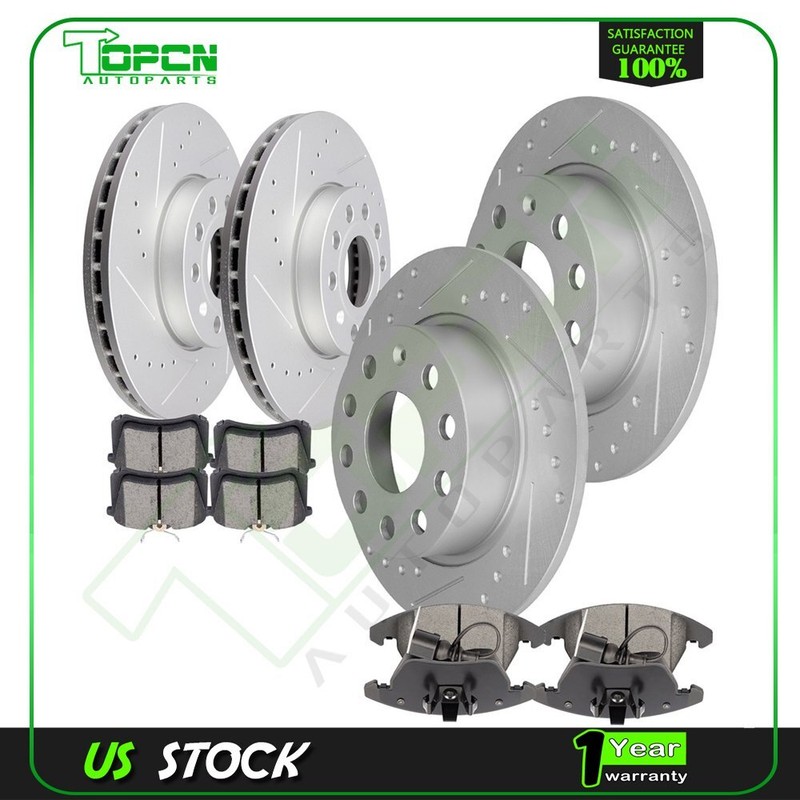 Front And Rear Ceramic Brake Pads With Rotor Slotted For 2013-2015 Vw Jetta 2.0L