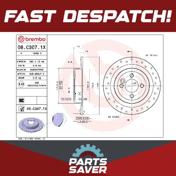2x Brake Discs Pair fits MINI CONVERTIBLE COOPER R57 1.6 Rear 07 to 15 280mm Set