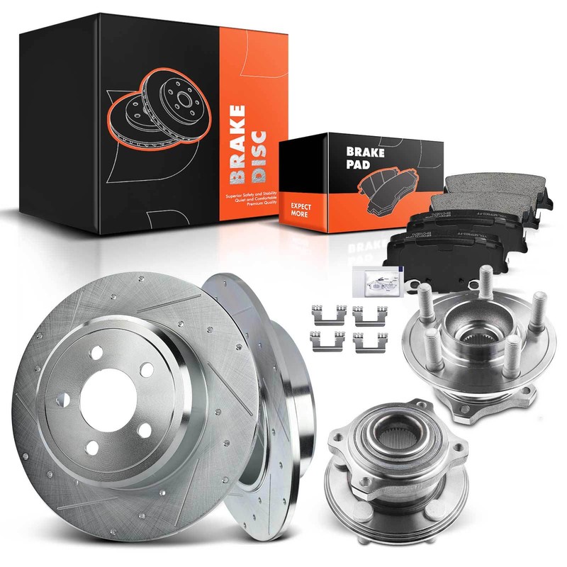 Rear Drilled Rotor & Brake Pad + Wheel Hub Bearing for Dodge Challenger 15-20