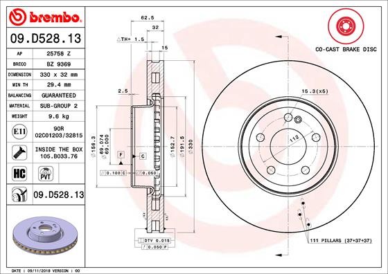 Brembo 09.D528.13 Brake Disc for Mercedes-Benz, Mercedes-Benz (BBDC)