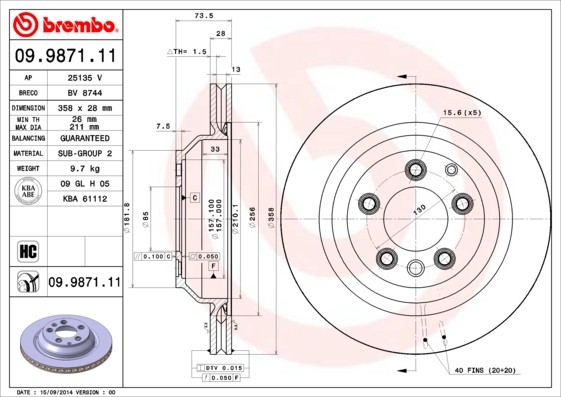 Brembo 09.9871.11 Brake Disc for Audi, Porsche, VW
