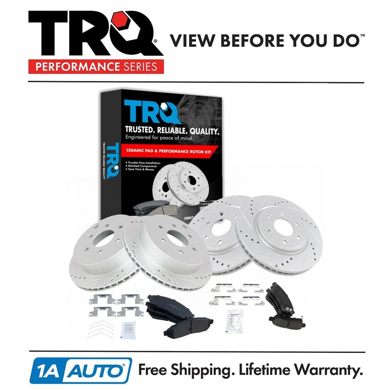 TRQ Performance Brake Rotor Drilled Slotted & Ceramic Pad Front & Rear Kit