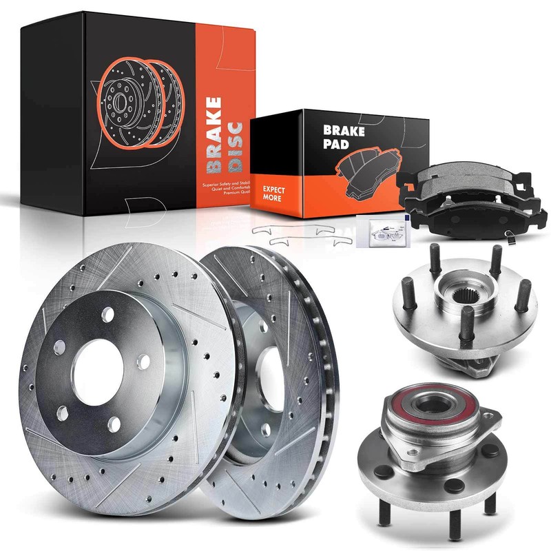 Drilled Brake Rotor & Pad + Hub Bearing for Jeep WJ Grand Cherokee 99-02 Front