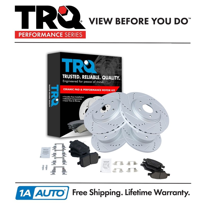 TRQ Ceramic Brake Pads & Performance Drilled Slotted Rotor Kit Front Rear