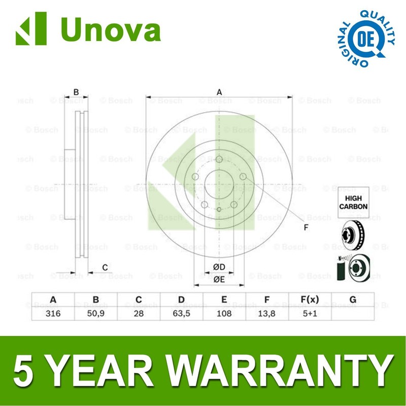Brake Disc Front Unova Fits Ford Mondeo 2014-2024 1.0 1.6 dCi 2.0