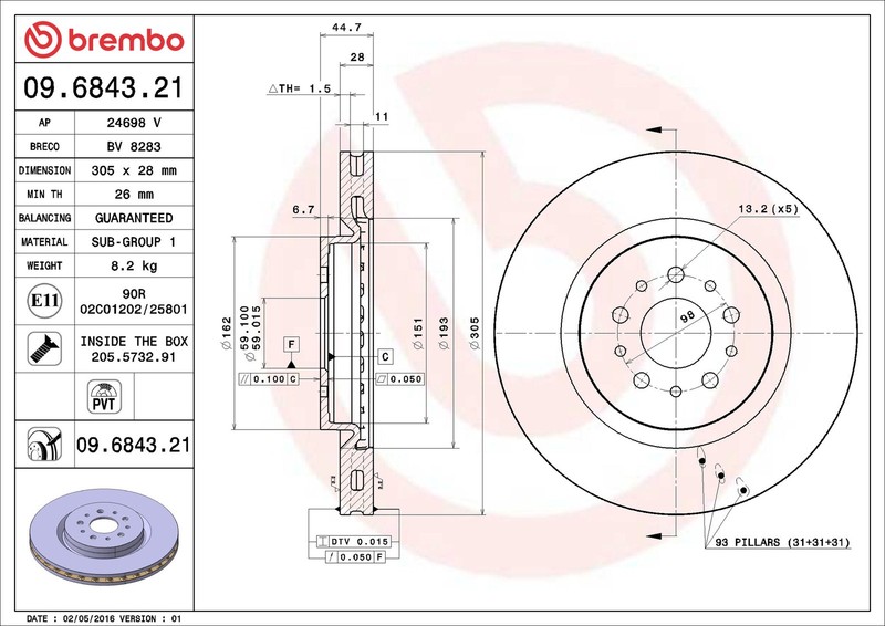 2x Brake Discs Pair Vented fits ALFA ROMEO 147 937 3.2 Front 2003 932A.000 305mm gallery
