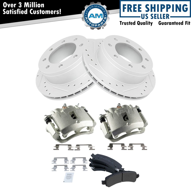 Rear Brake Calipers Semi-Metallic Pads & Drilled Rotors for GMC Savana 2500