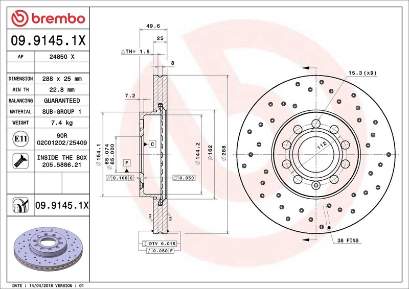 2x Brake Discs Pair Vented Front 288mm 09.9145.1X Brembo Set 1K0615301K Quality gallery