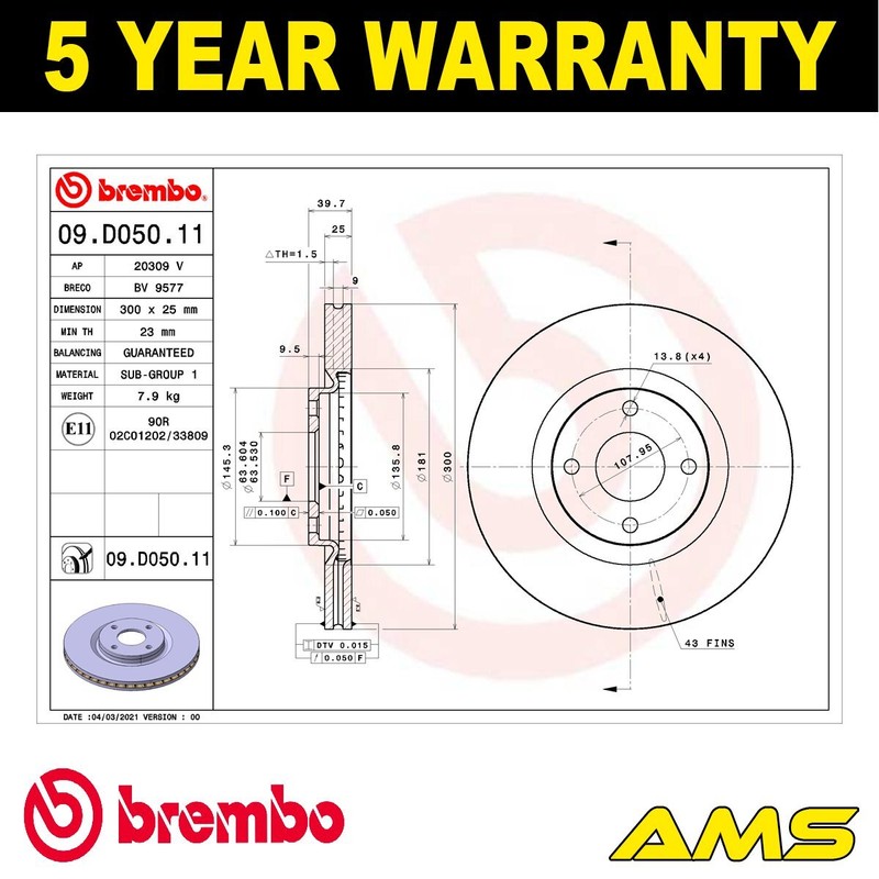 Fits Ford Ecosport 2015- 1.0 1.5 dCi Brake Disc Front Brembo 2147409 GN151125CA