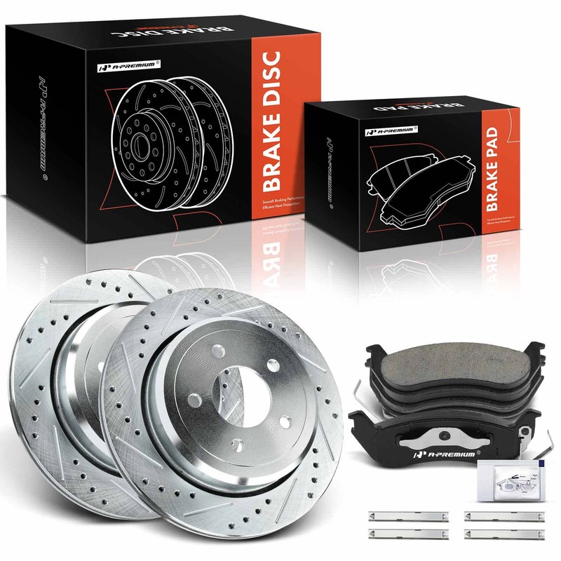 A-Premium Drilled Brake Rotors & Pads Rear for Lincoln Town Car 03-11 295.30mm