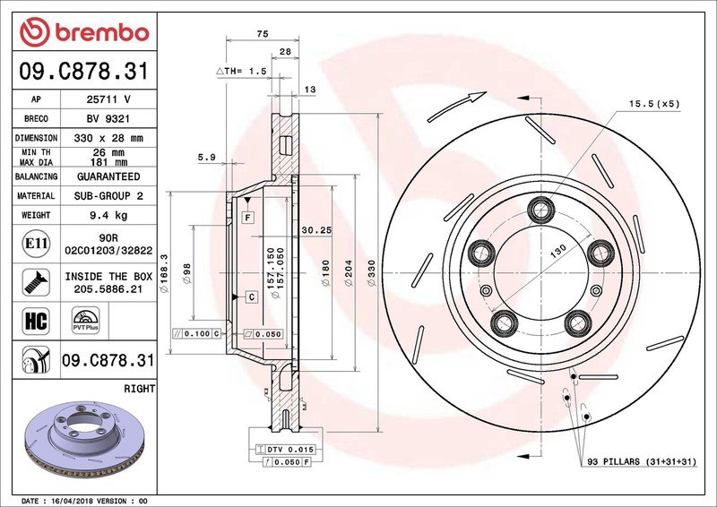 Brake Disc Single Vented 330mm 09.C878.31 Brembo 298615602A 97035240400 Quality gallery