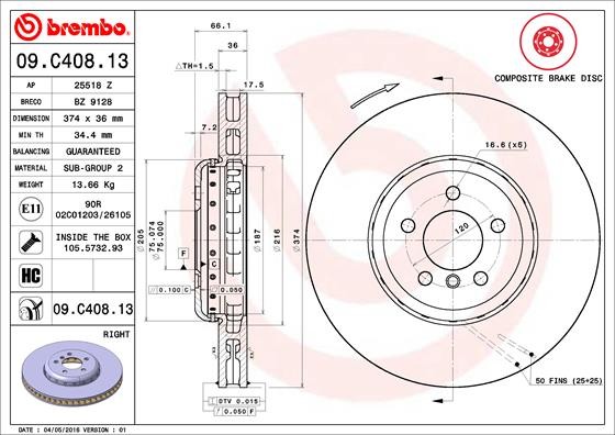 Brembo 09.C408.13 Brake Disc for BMW