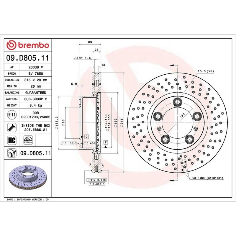Brembo Prime Line UV Coated Vented Brake Disc – Drilled 09.D805.11 Fits Porsche