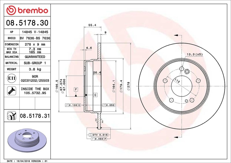 Brembo Pair Rear Brake Discs Solid 278mm for Chrysler Crossfire gallery