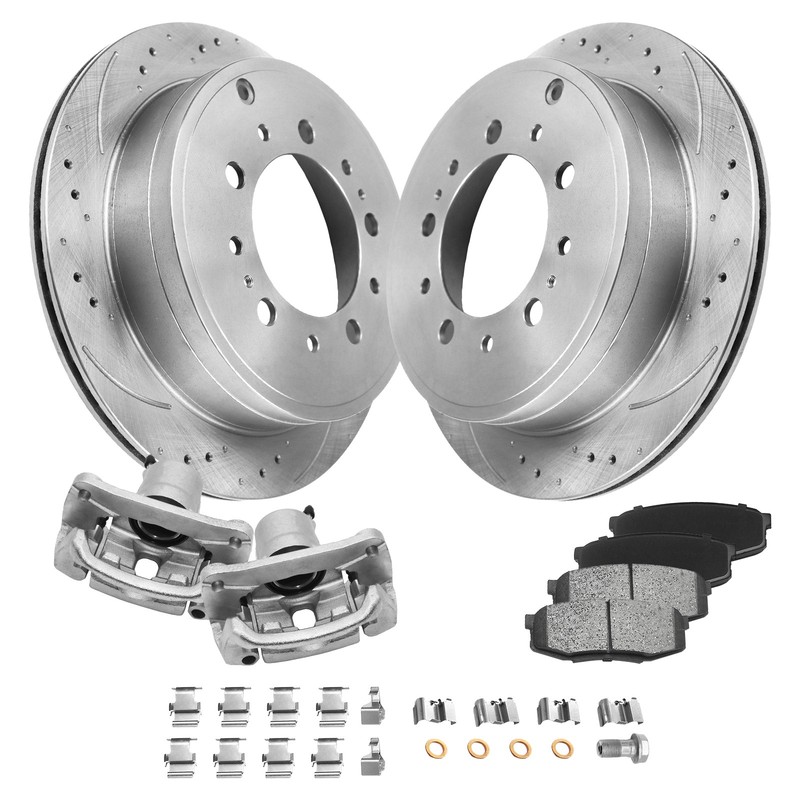 Rear Disc Rotors Caliper + Brake Pads Kits For 2007-2015 Toyota Sequoia Tundra