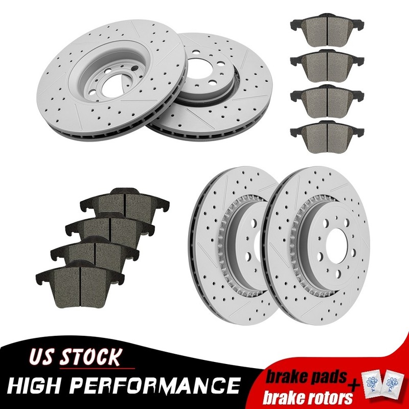 Front Rear Drilled Disc Brake Rotors + Ceramic Pads for 2003-2014 Volvo XC90
