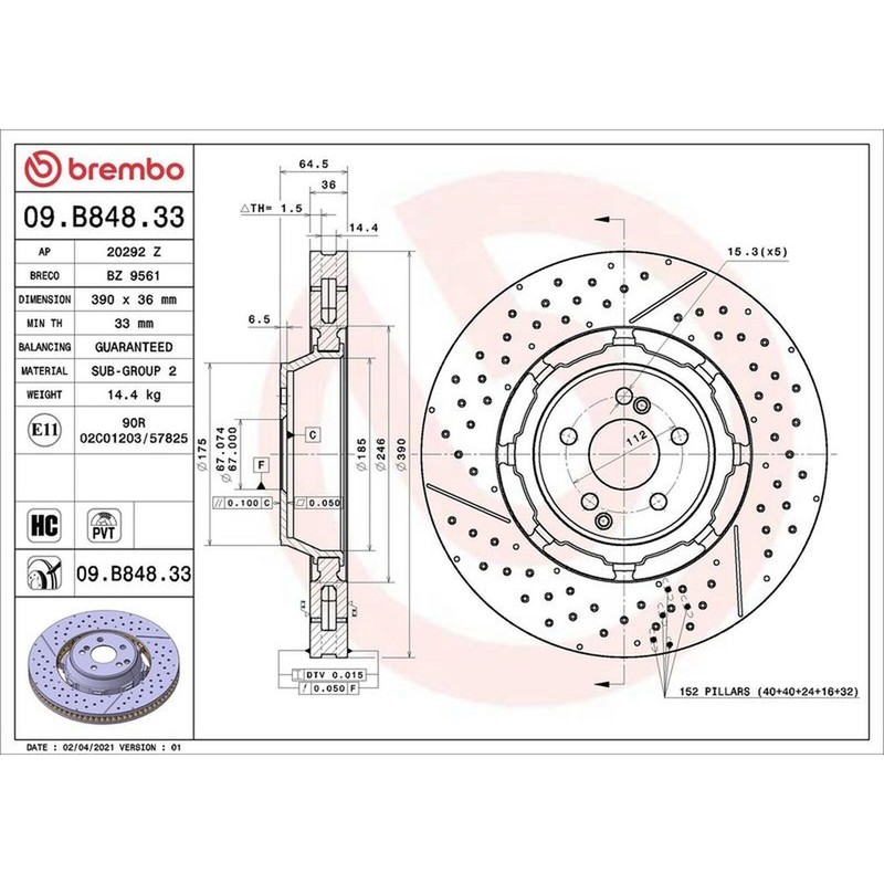 Brembo Prime Line Dual Cast Two-Piece Brake Disc – Drilled & Slotted 09.B848.33
