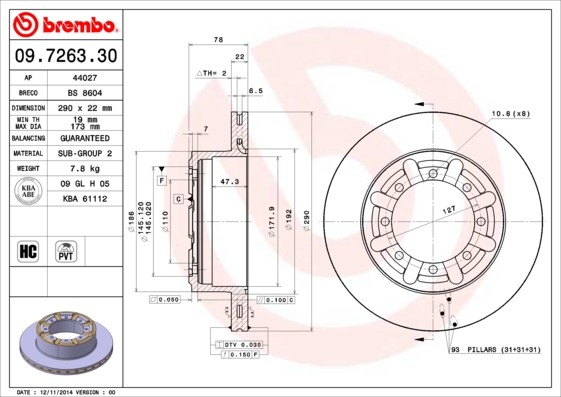 Brembo 09.7263.30 Brake Disc for Nissan, Renault Trucks gallery