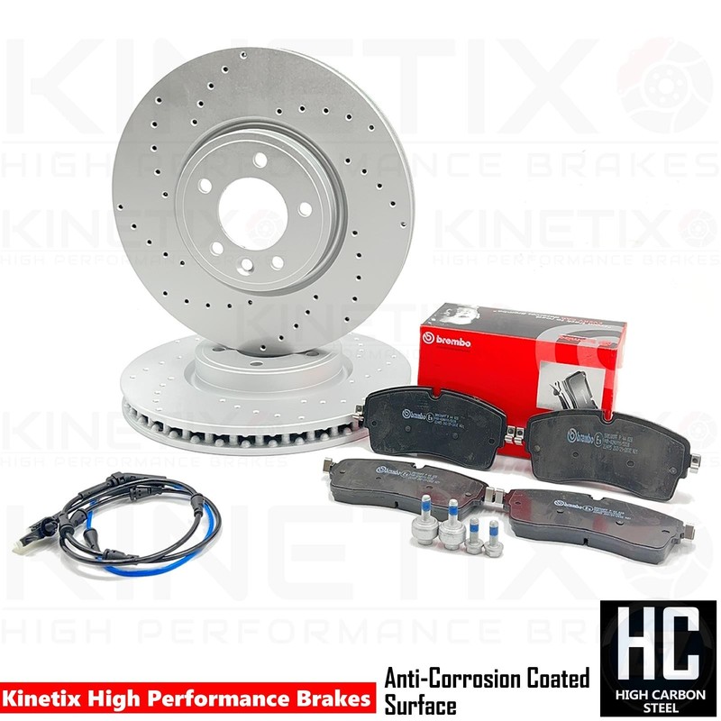 FOR RANGE ROVER SPORT 2.0 P400E DRILLED FRONT BRAKE DISCS BREMBO PADS 2017-2023 gallery