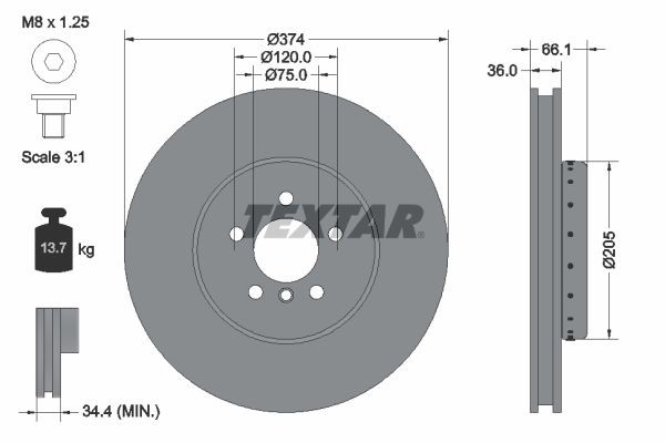 Textar 92266125 Front Right x1 Brake Disc Fits BMW