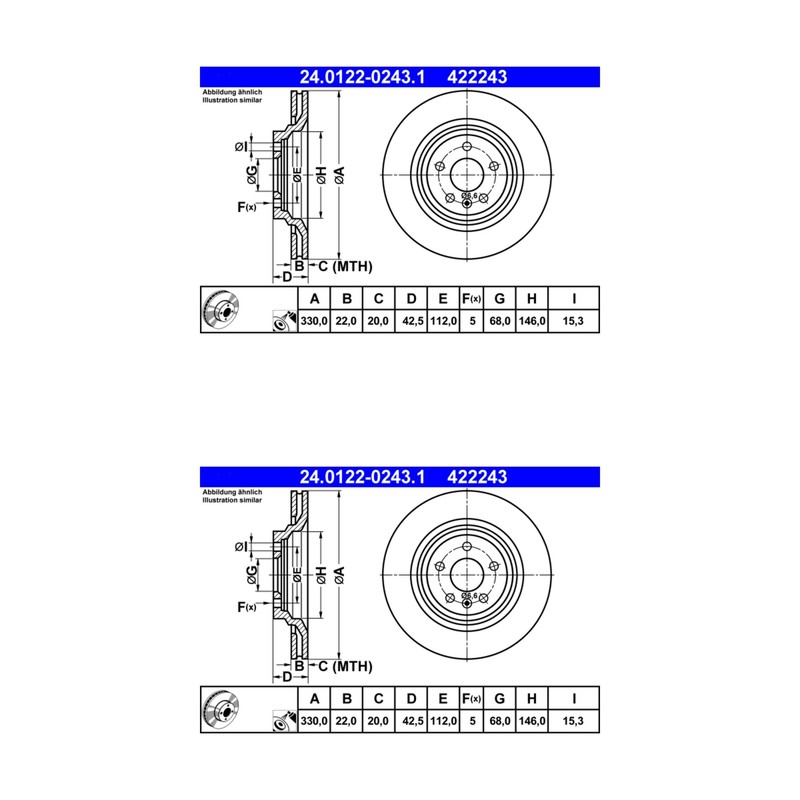 Audi S6 ATE/Premium One Rear Disc Brake Rotors (2) 422243 4F0615601B