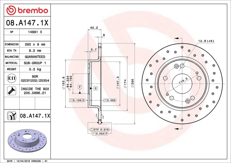 2x Brake Discs Pair fits HONDA CIVIC FK1, Mk8 1.4 Rear 05 to 11 260mm Set Brembo gallery