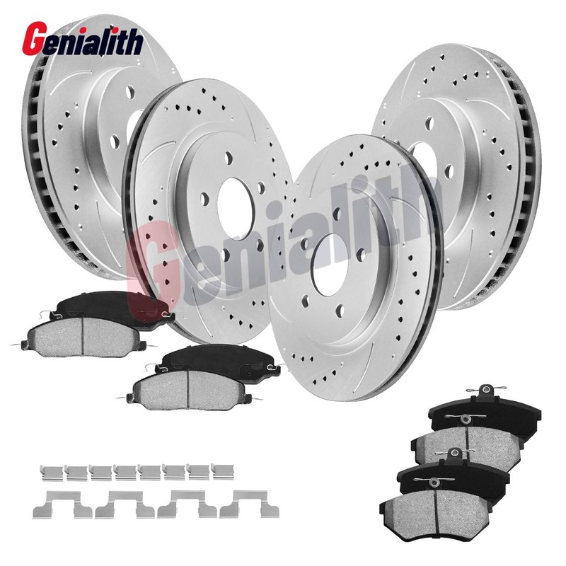 For 2005-2010 Ford Mustang Front and Rear Drilled Disc Rotors Ceramic Brake Pads