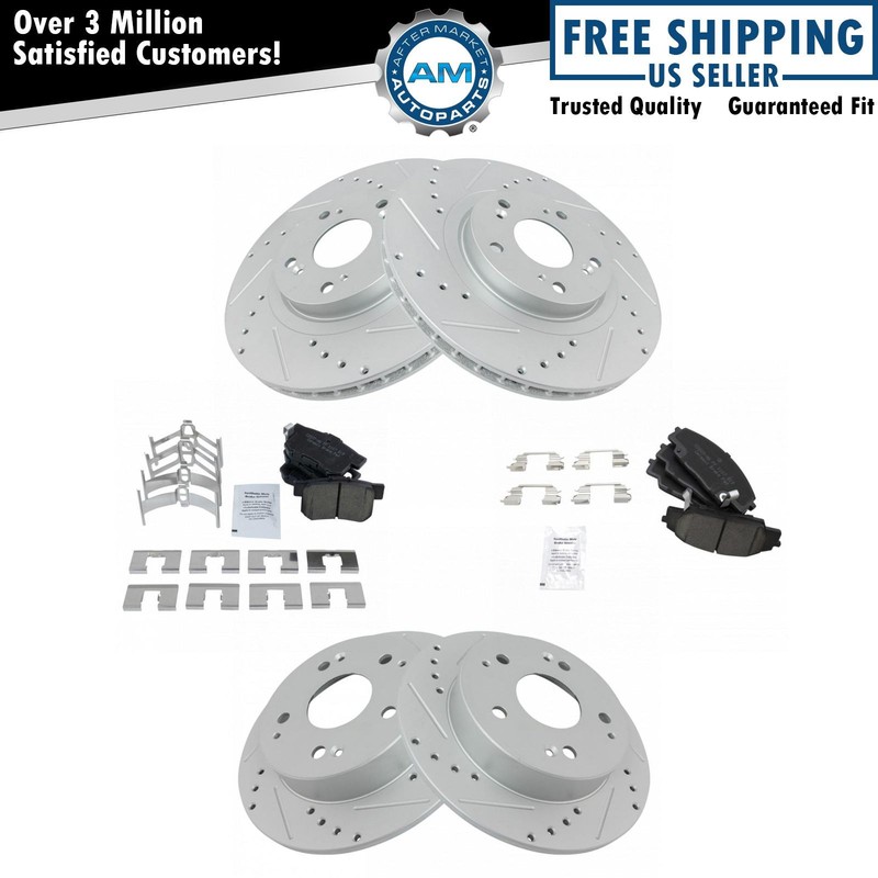 Front & Rear Ceramic Brake Pad & Performance Drilled Slotted Rotor Kit