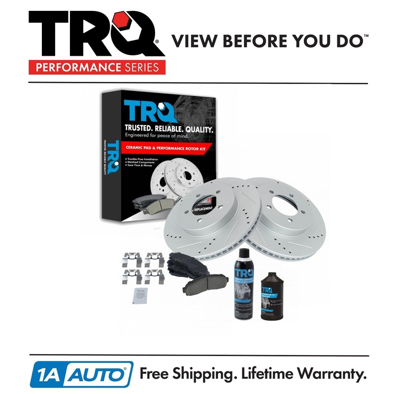 TRQ Front Performance Drilled Slotted Brake Rotor & Posi Pad Kit w/Chemicals