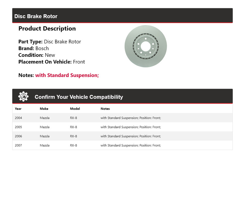 For 2004-2007 Mazda RX-8 Bosch QuietCast Disc Brake Rotor Front 2005 2006 gallery