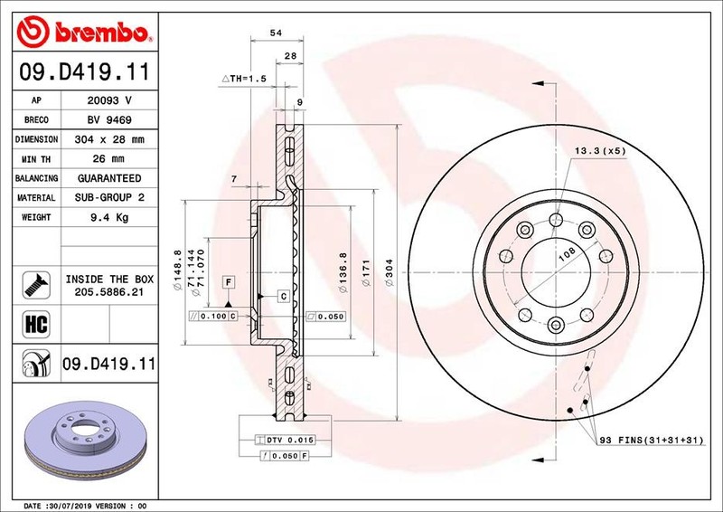 Brembo 09.D419.11 Brake Disc for Citroen, Fiat, Opel, Peugeot, Toyota, Vauxhall